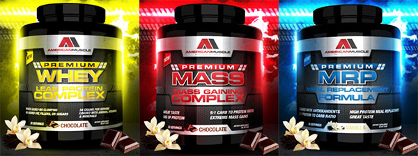 American Muscle's Premium protein products, Whey, Mass and MRP