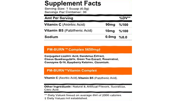 Industrial Strength Supplements PM-Burn facts panel