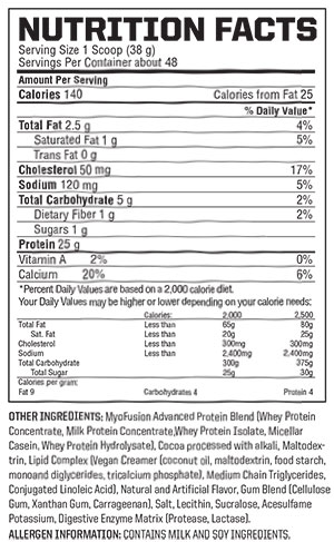 Gaspari Nutrition Myofusion Advanced facts panel