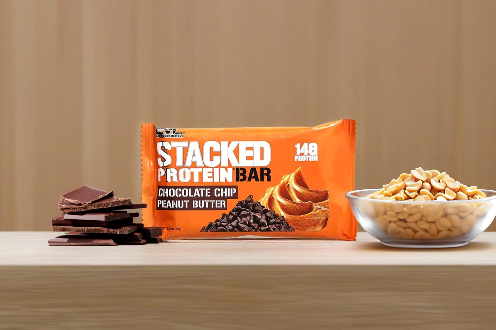 Peanut butter-based EVL Stacked Protein Bar with 14g of protein